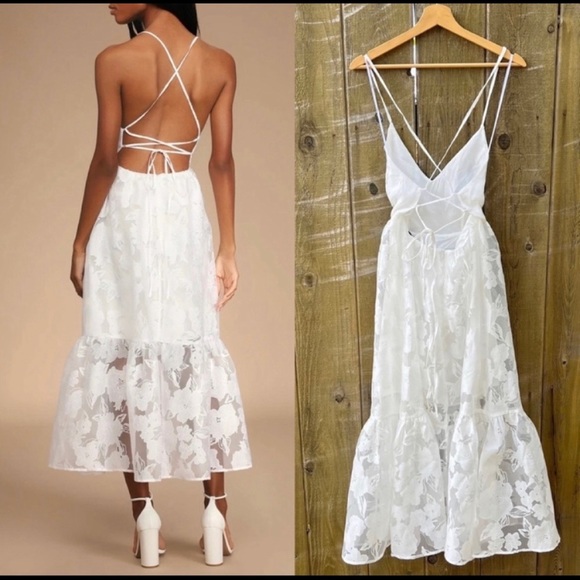 White Jacquard Organza Backless Lace-Up Midi Dress 🌿 - Picture 3 of 12